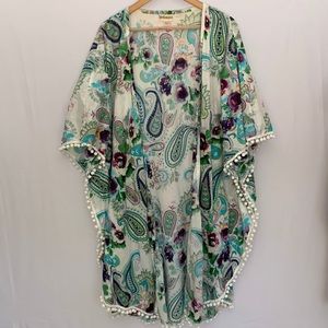 LJC Designs Floral Paisley Boho Kimono Beach Coverup Pom Pom Fringe Vacation